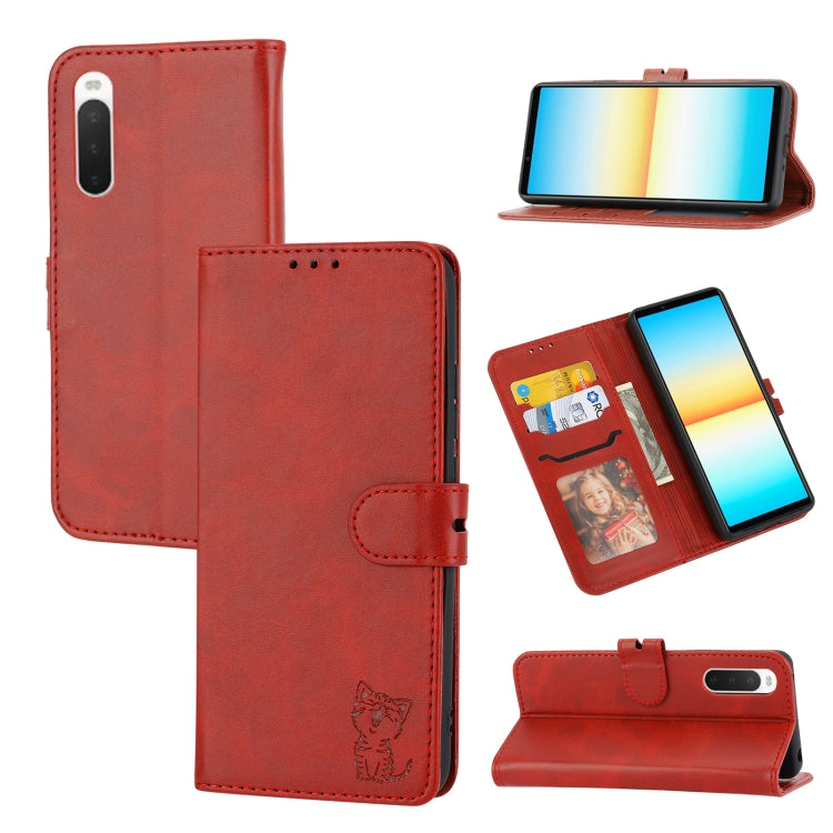 For Sony Xperia 5 IV Embossed Happy Cat Pattern Flip Leather Phone Case