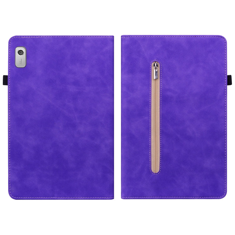 For Lenovo Tab M9 Skin Feel Solid Color Zipper Leather Tablet Case