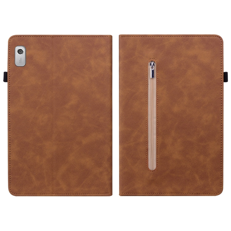 For Lenovo Tab M9 Skin Feel Solid Color Zipper Leather Tablet Case