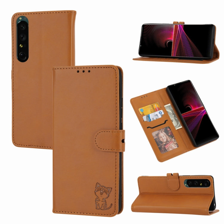 For Sony Xperia 10 V Embossed Happy Cat Pattern Flip Leather Phone Case