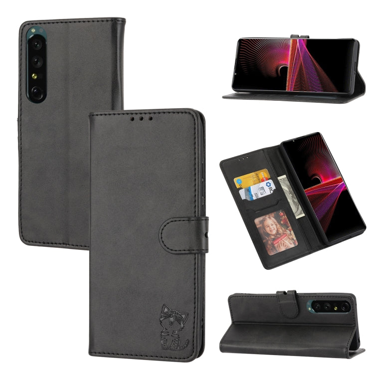 For Sony Xperia 10 V Embossed Happy Cat Pattern Flip Leather Phone Case