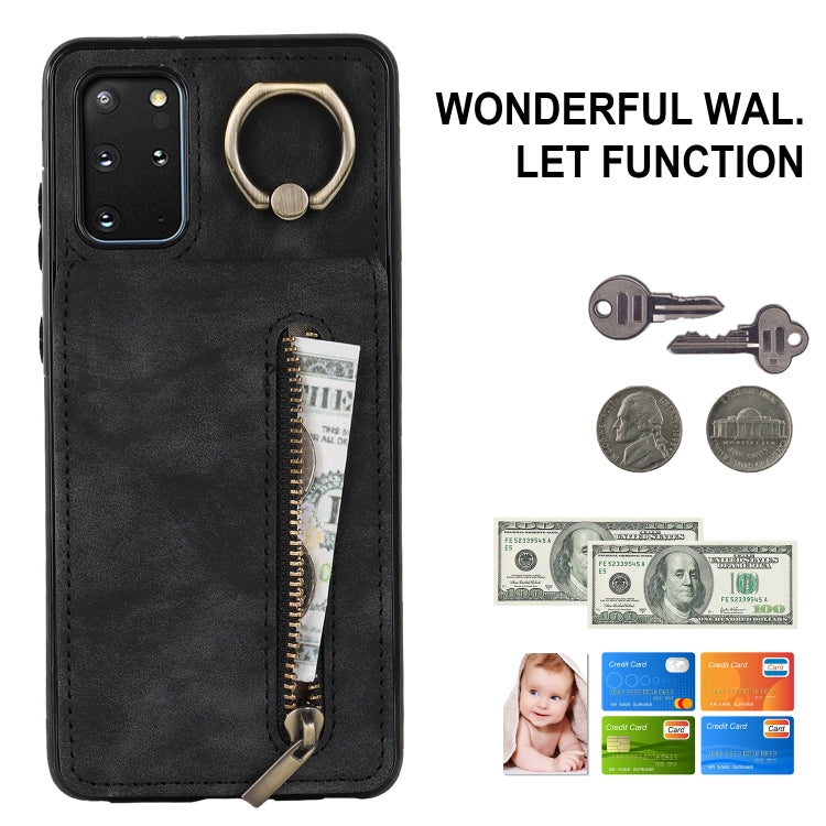 For Samsung Galaxy S20+ Retro Ring and Zipper RFID Card Slot Phone Case
