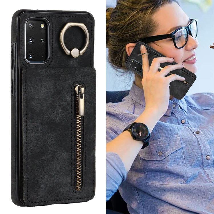 For Samsung Galaxy S20+ Retro Ring and Zipper RFID Card Slot Phone Case