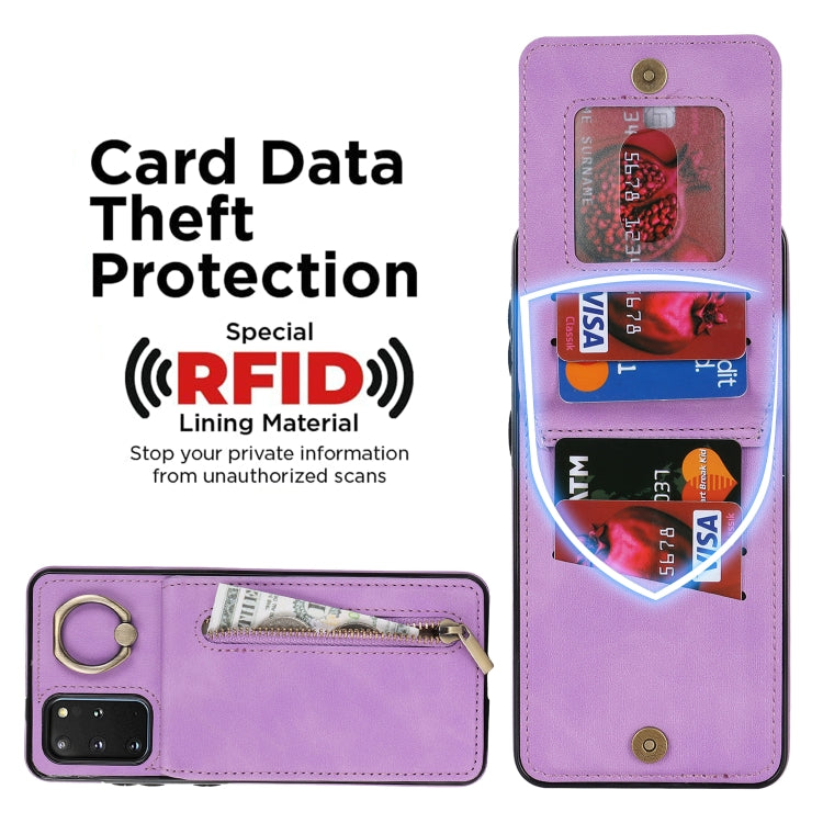 For Samsung Galaxy S20+ Retro Ring and Zipper RFID Card Slot Phone Case