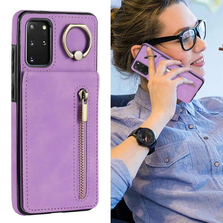 For Samsung Galaxy S20+ Retro Ring and Zipper RFID Card Slot Phone Case