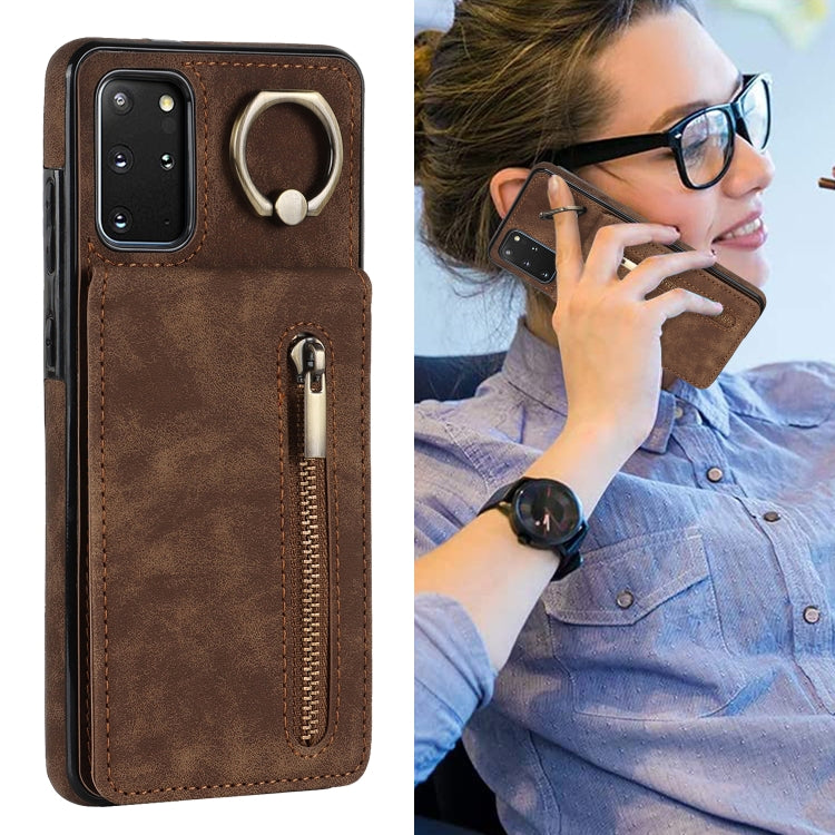 For Samsung Galaxy S20+ Retro Ring and Zipper RFID Card Slot Phone Case