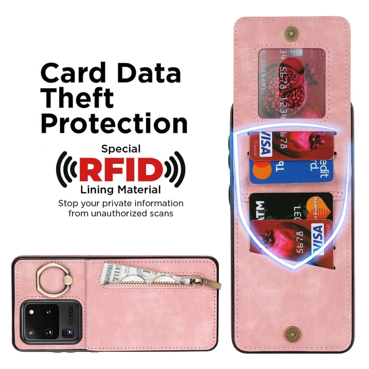 For Samsung Galaxy S20 Ultra Retro Ring and Zipper RFID Card Slot Phone Case