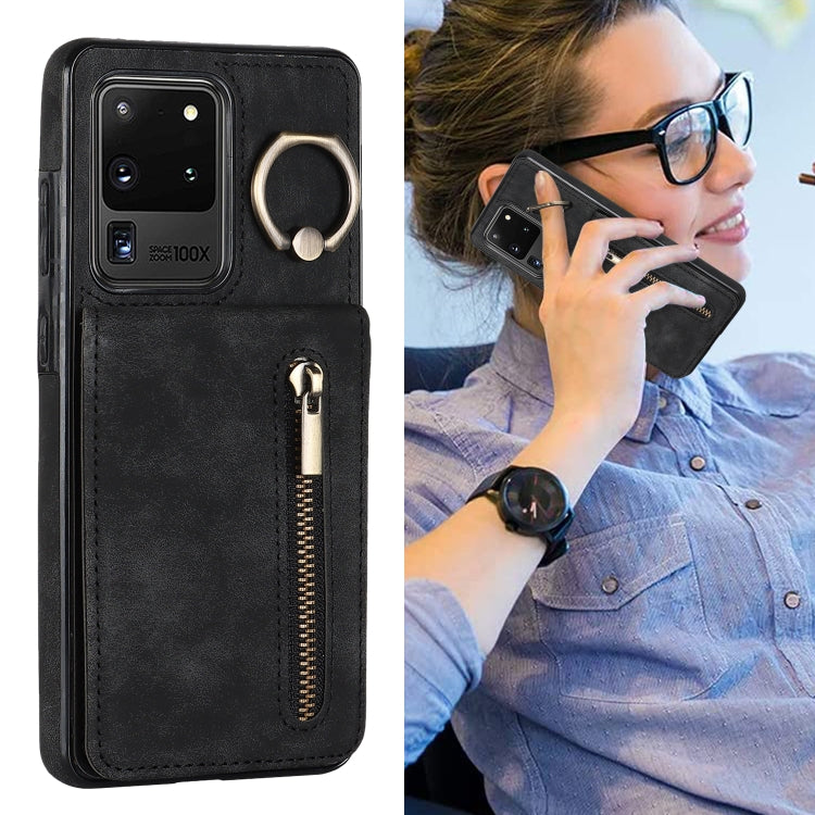 For Samsung Galaxy S20 Ultra Retro Ring and Zipper RFID Card Slot Phone Case