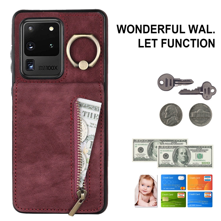 For Samsung Galaxy S20 Ultra Retro Ring and Zipper RFID Card Slot Phone Case