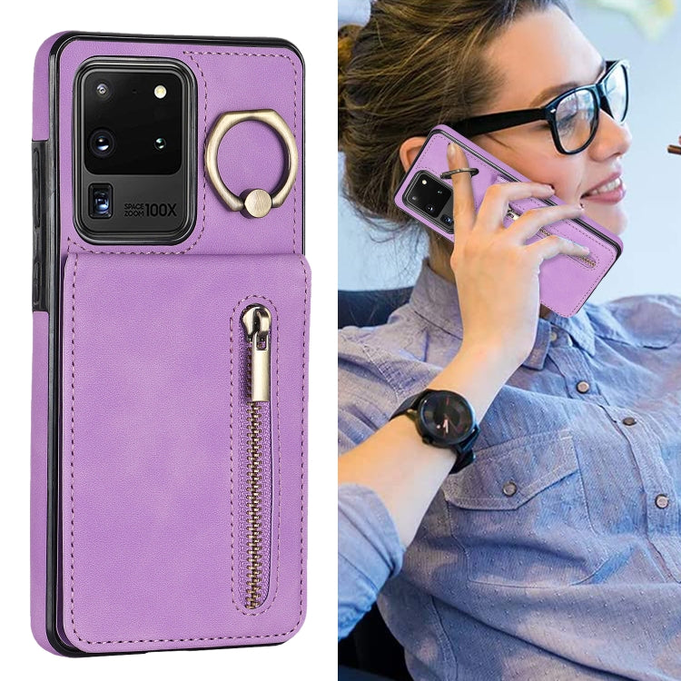 For Samsung Galaxy S20 Ultra Retro Ring and Zipper RFID Card Slot Phone Case