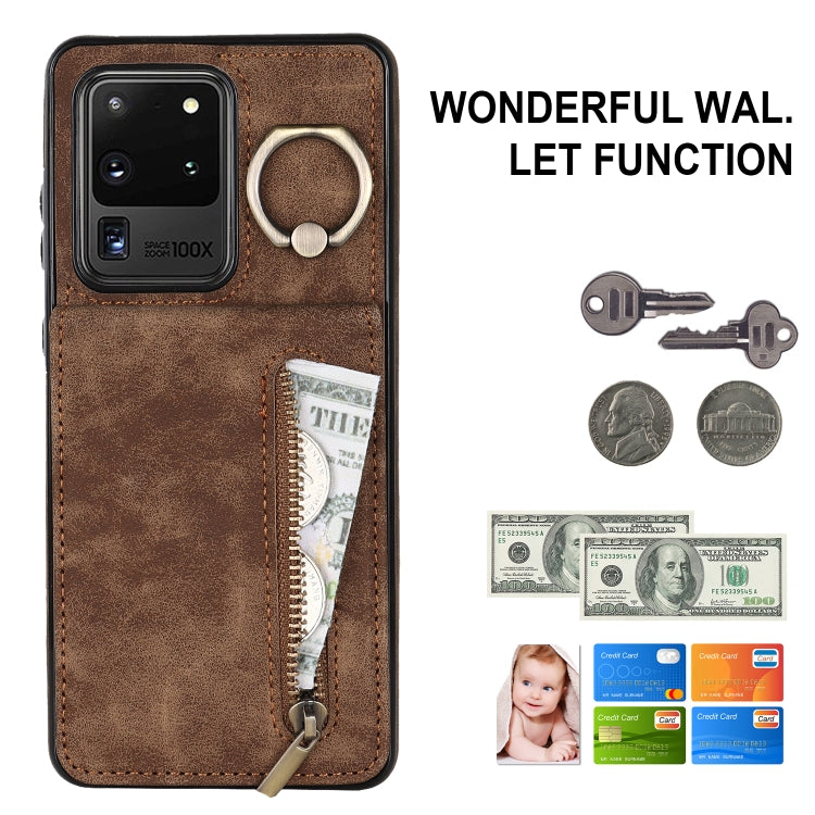 For Samsung Galaxy S20 Ultra Retro Ring and Zipper RFID Card Slot Phone Case