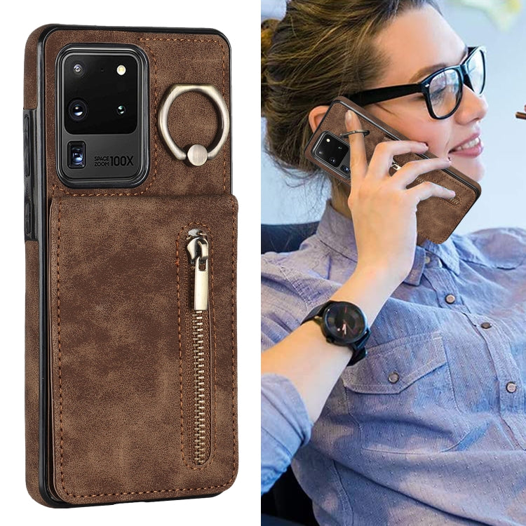 For Samsung Galaxy S20 Ultra Retro Ring and Zipper RFID Card Slot Phone Case