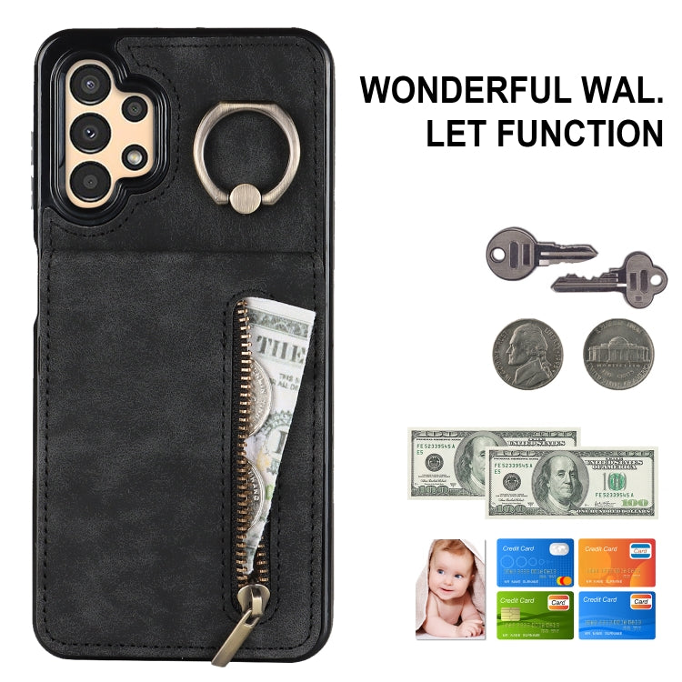 For Samsung Galaxy A13 4G / 5G Retro Ring and Zipper RFID Card Slot Phone Case
