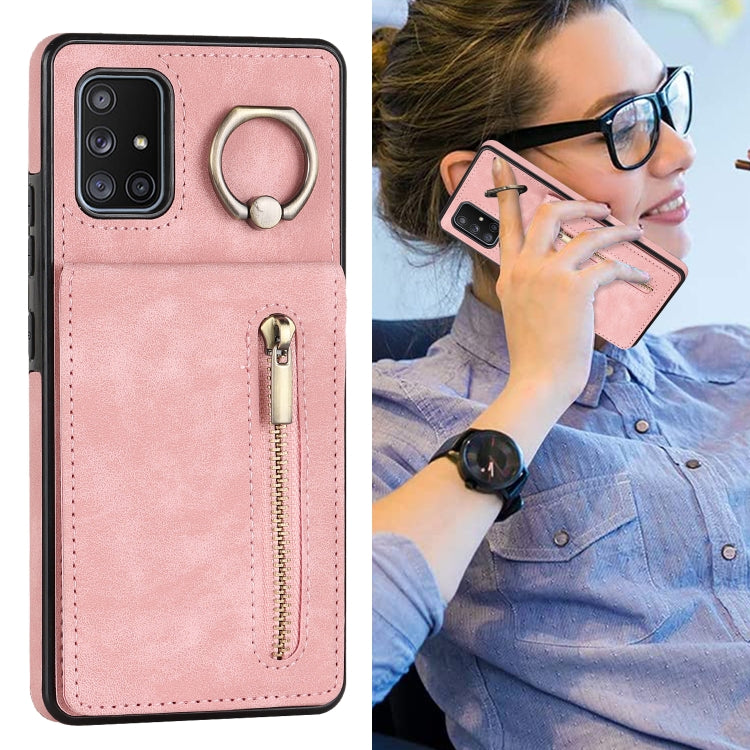 For Samsung Galaxy A71 5G Retro Ring and Zipper RFID Card Slot Phone Case