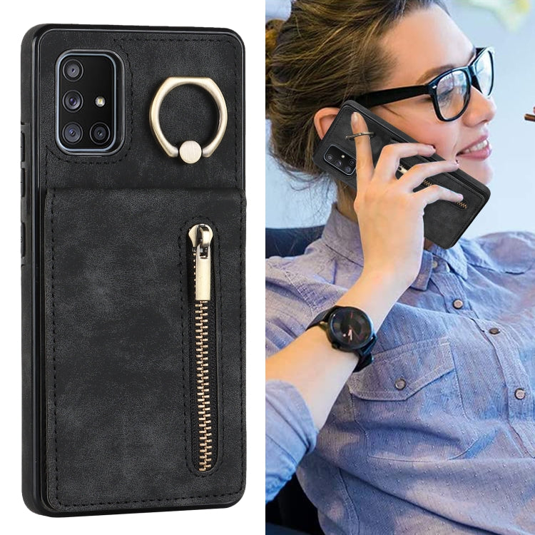 For Samsung Galaxy A71 5G Retro Ring and Zipper RFID Card Slot Phone Case