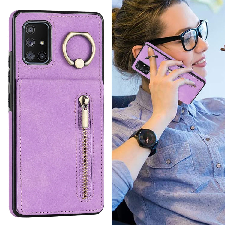 For Samsung Galaxy A71 5G Retro Ring and Zipper RFID Card Slot Phone Case