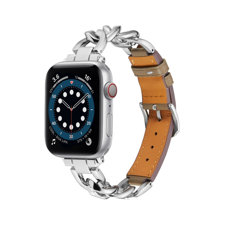 Chain + Leather Watch Band For Apple Watch Ultra 49mm&Watch Ultra 2 49mm / Series 9&8&7 45mm / SE 3&SE 2&6&SE&5&4 44mm / 3&2&1 42mm