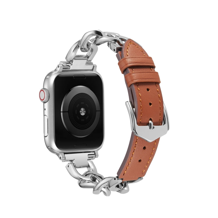 Chain + Leather Watch Band For Apple Watch Ultra 49mm&Watch Ultra 2 49mm / Series 9&8&7 45mm / SE 3&SE 2&6&SE&5&4 44mm / 3&2&1 42mm