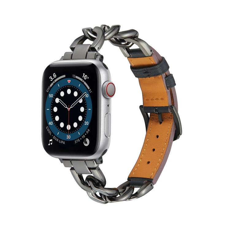 Chain + Leather Watch Band For Apple Watch Series 9&8&7 41mm / SE 3&SE 2&6&SE&5&4 40mm / 3&2&1 38mm