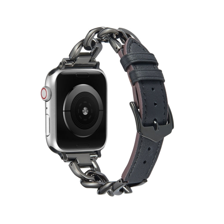 Chain + Leather Watch Band For Apple Watch Series 9&8&7 41mm / SE 3&SE 2&6&SE&5&4 40mm / 3&2&1 38mm