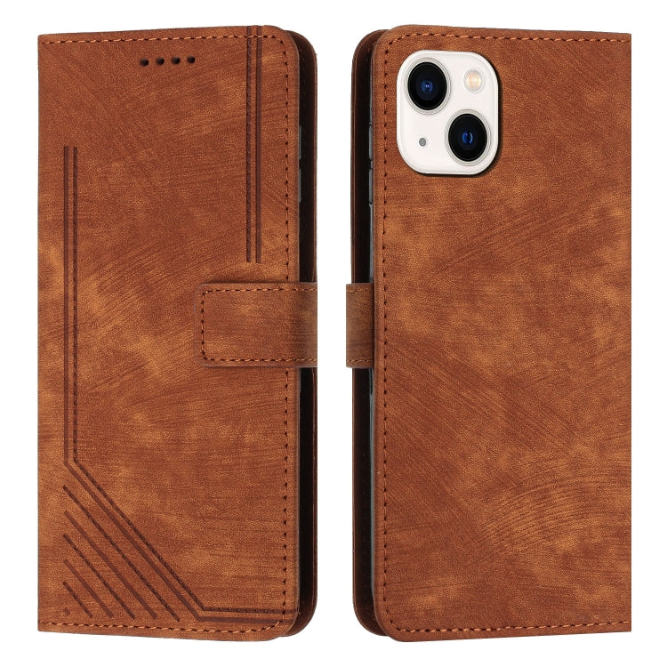 For iPhone 14 / 13 Skin Feel Stripe Pattern Leather Phone Case with Lanyard