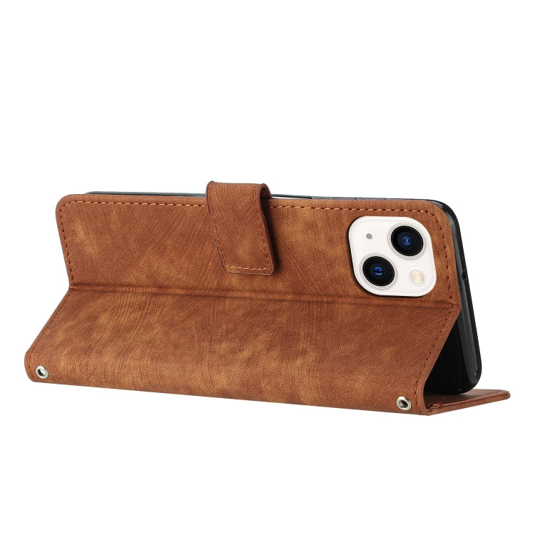 For iPhone 14 / 13 Skin Feel Stripe Pattern Leather Phone Case with Lanyard