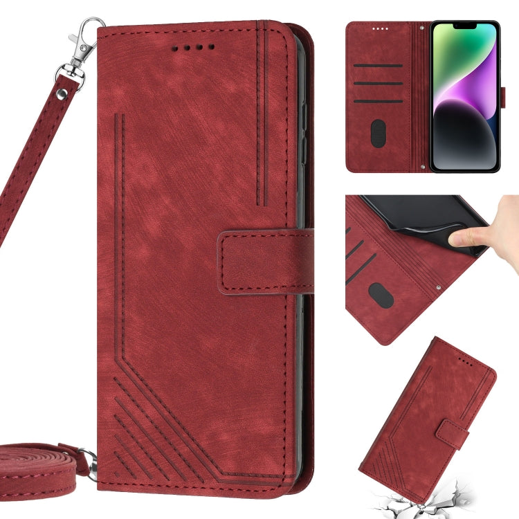 For iPhone 14 / 13 Skin Feel Stripe Pattern Leather Phone Case with Lanyard
