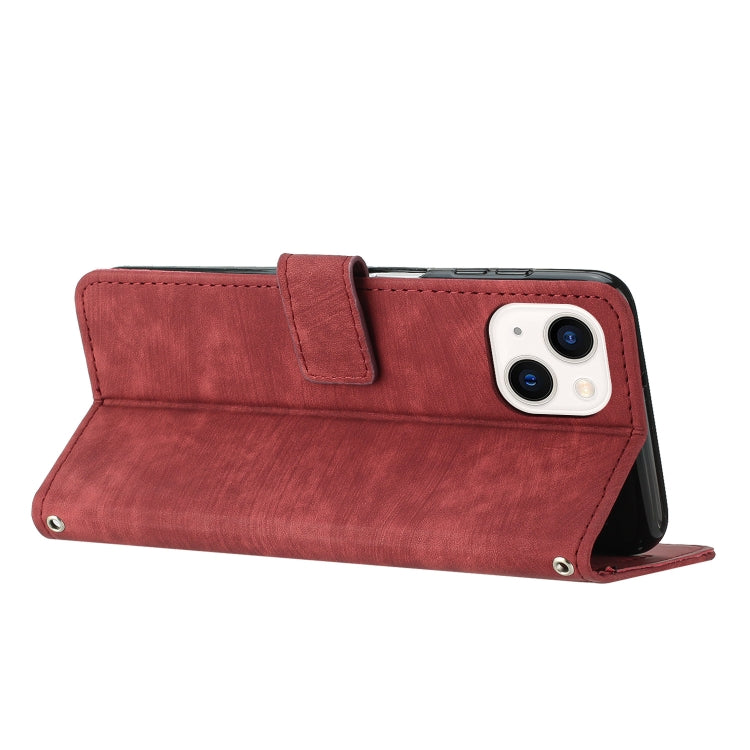 For iPhone 14 / 13 Skin Feel Stripe Pattern Leather Phone Case with Lanyard