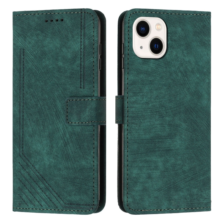 For iPhone 14 / 13 Skin Feel Stripe Pattern Leather Phone Case with Lanyard