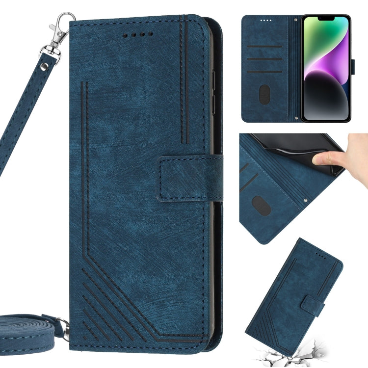 For iPhone 14 / 13 Skin Feel Stripe Pattern Leather Phone Case with Lanyard