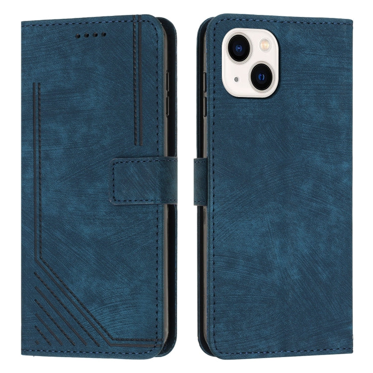 For iPhone 14 / 13 Skin Feel Stripe Pattern Leather Phone Case with Lanyard