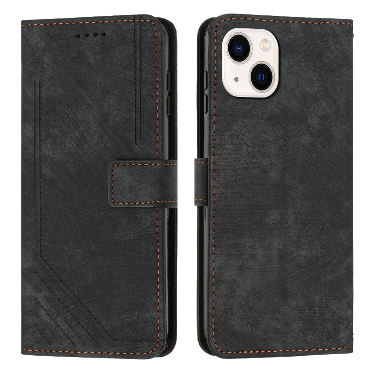 For iPhone 14 / 13 Skin Feel Stripe Pattern Leather Phone Case with Lanyard