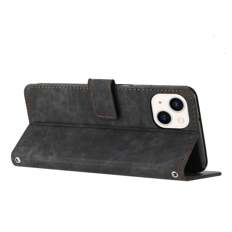 For iPhone 14 / 13 Skin Feel Stripe Pattern Leather Phone Case with Lanyard