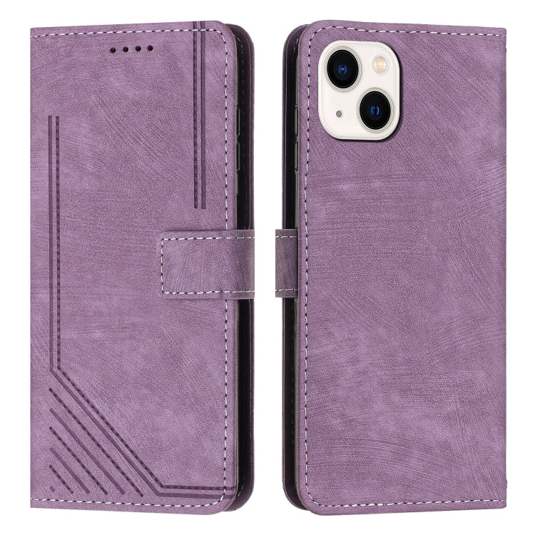 For iPhone 14 / 13 Skin Feel Stripe Pattern Leather Phone Case with Lanyard