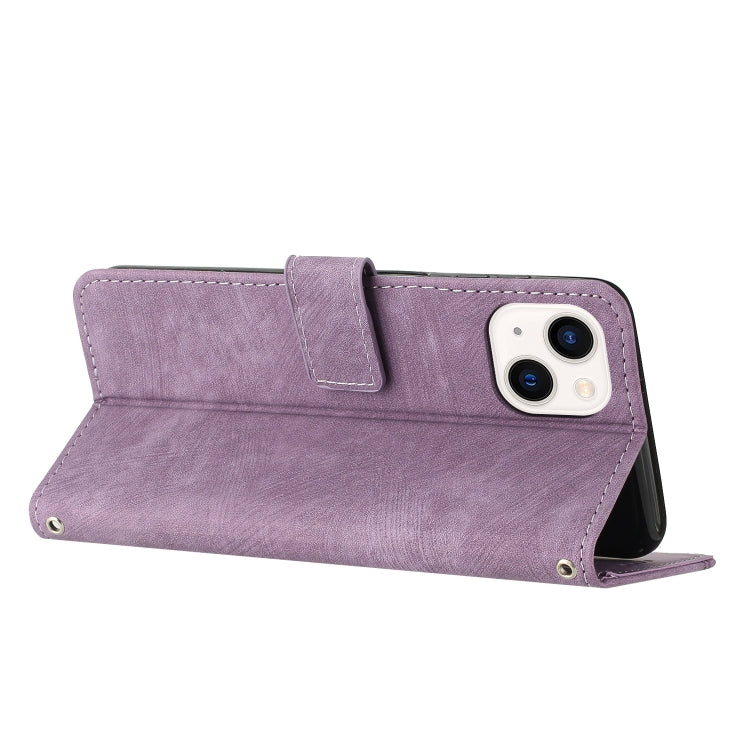 For iPhone 14 / 13 Skin Feel Stripe Pattern Leather Phone Case with Lanyard