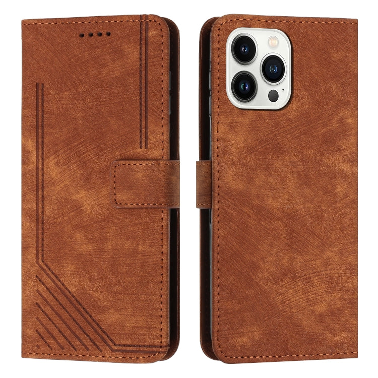 For iPhone 14 Pro Skin Feel Stripe Pattern Leather Phone Case with Lanyard
