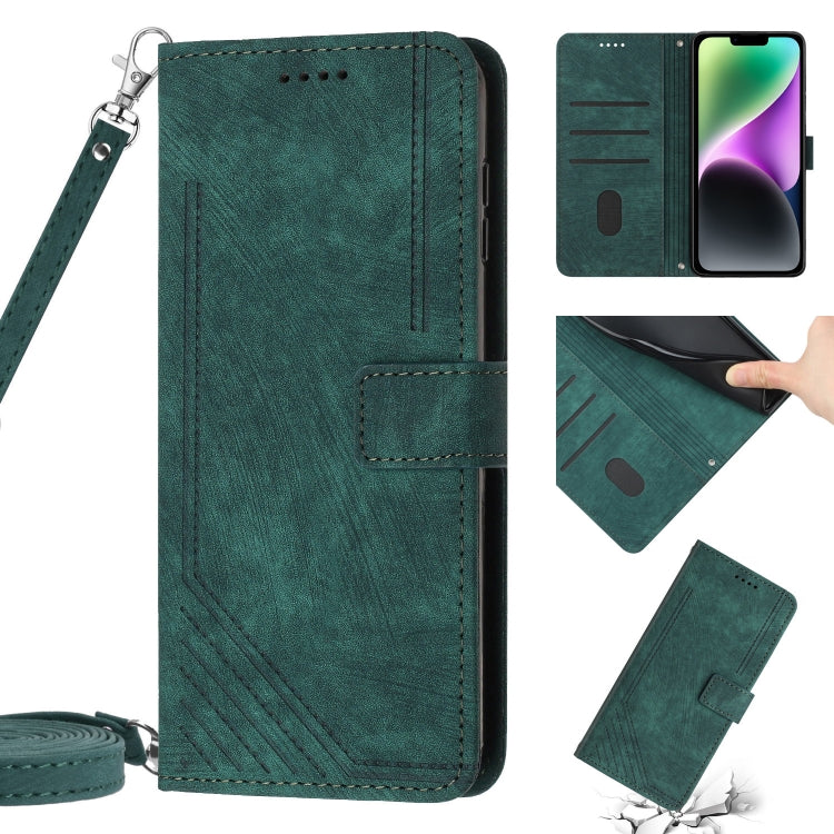 For iPhone 14 Pro Skin Feel Stripe Pattern Leather Phone Case with Lanyard