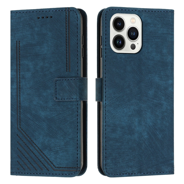 For iPhone 14 Pro Skin Feel Stripe Pattern Leather Phone Case with Lanyard