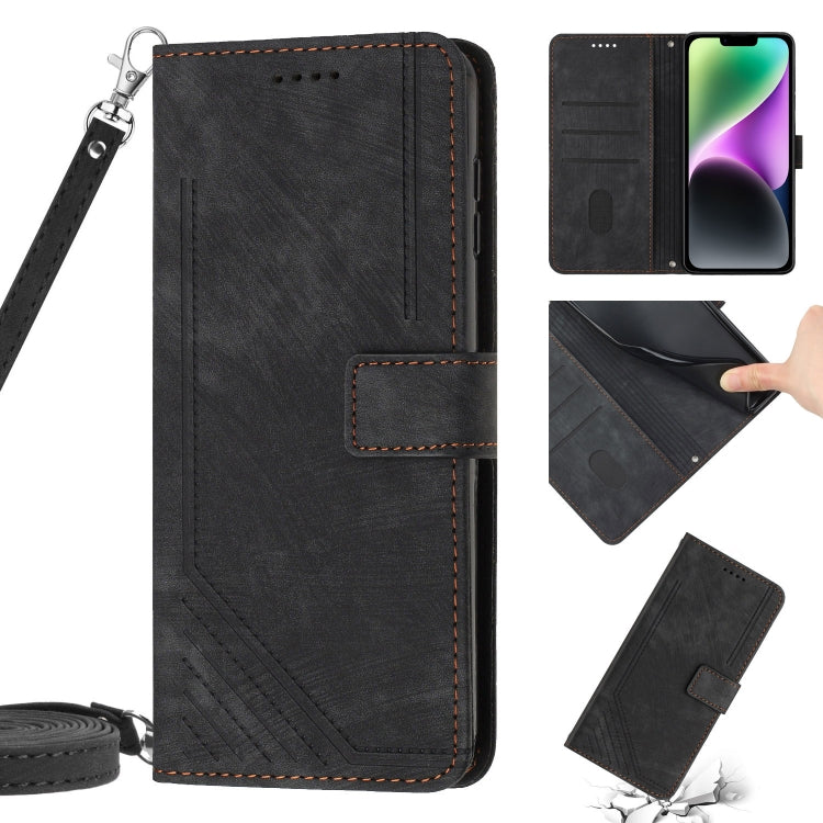 For iPhone 14 Pro Skin Feel Stripe Pattern Leather Phone Case with Lanyard