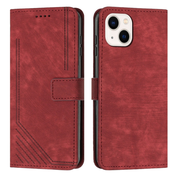 For iPhone 13 mini Skin Feel Stripe Pattern Leather Phone Case with Lanyard