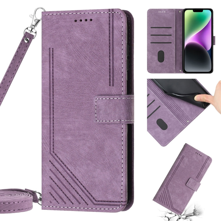 For iPhone 13 mini Skin Feel Stripe Pattern Leather Phone Case with Lanyard
