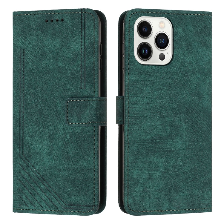 For iPhone 13 Pro Skin Feel Stripe Pattern Leather Phone Case with Lanyard