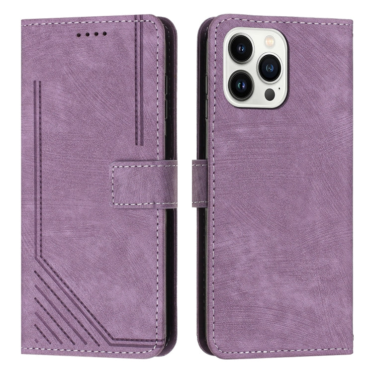 For iPhone 12 / 12 Pro Skin Feel Stripe Pattern Leather Phone Case with Lanyard