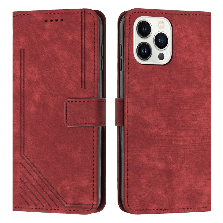 For iPhone 12 Pro Max Skin Feel Stripe Pattern Leather Phone Case with Lanyard
