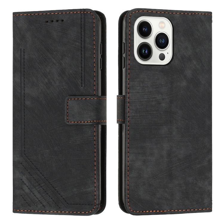 For iPhone 12 Pro Max Skin Feel Stripe Pattern Leather Phone Case with Lanyard