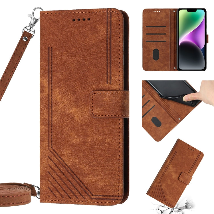 For iPhone 11 Skin Feel Stripe Pattern Leather Phone Case with Lanyard