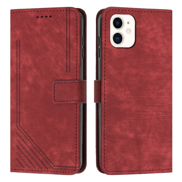 For iPhone 11 Skin Feel Stripe Pattern Leather Phone Case with Lanyard