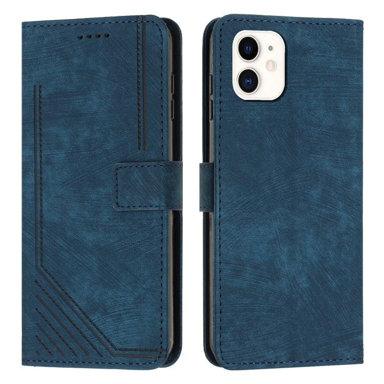 For iPhone 11 Skin Feel Stripe Pattern Leather Phone Case with Lanyard