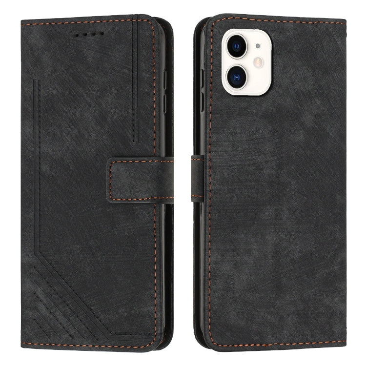 For iPhone 11 Skin Feel Stripe Pattern Leather Phone Case with Lanyard