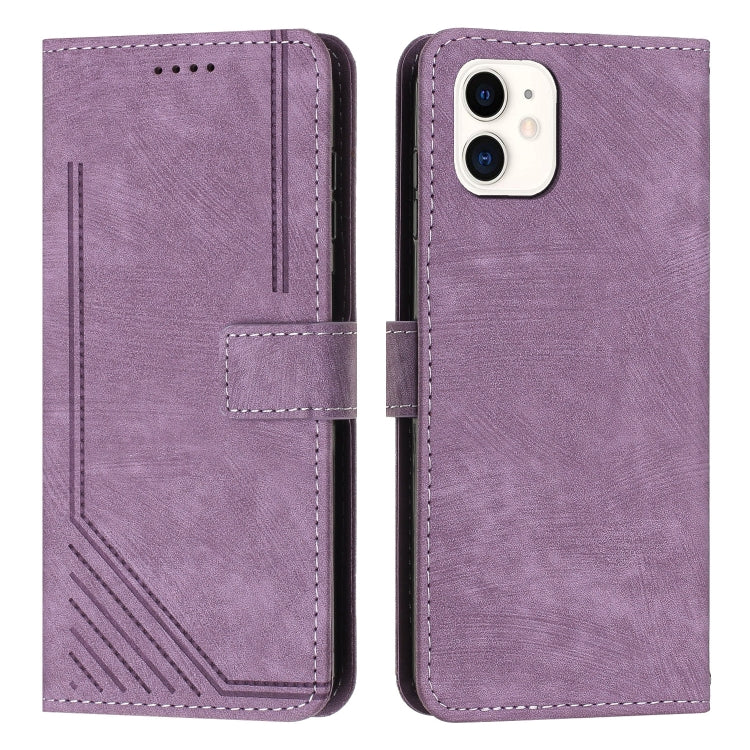 For iPhone 11 Skin Feel Stripe Pattern Leather Phone Case with Lanyard